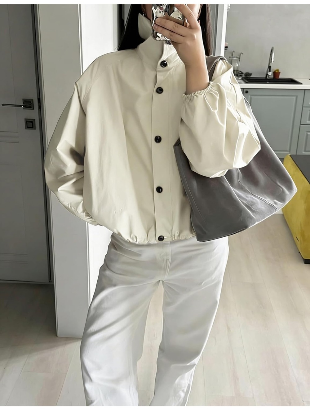 Viral Oversized Beige Button-Front Bomber Jacket